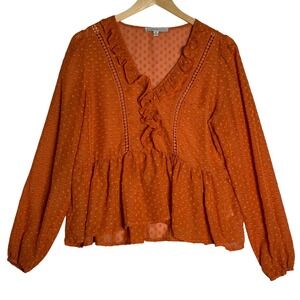 Burnt Orange Ruffle‎ Peplum Swiss Dot Sheer Blouse Womens Size Medium Fall Top